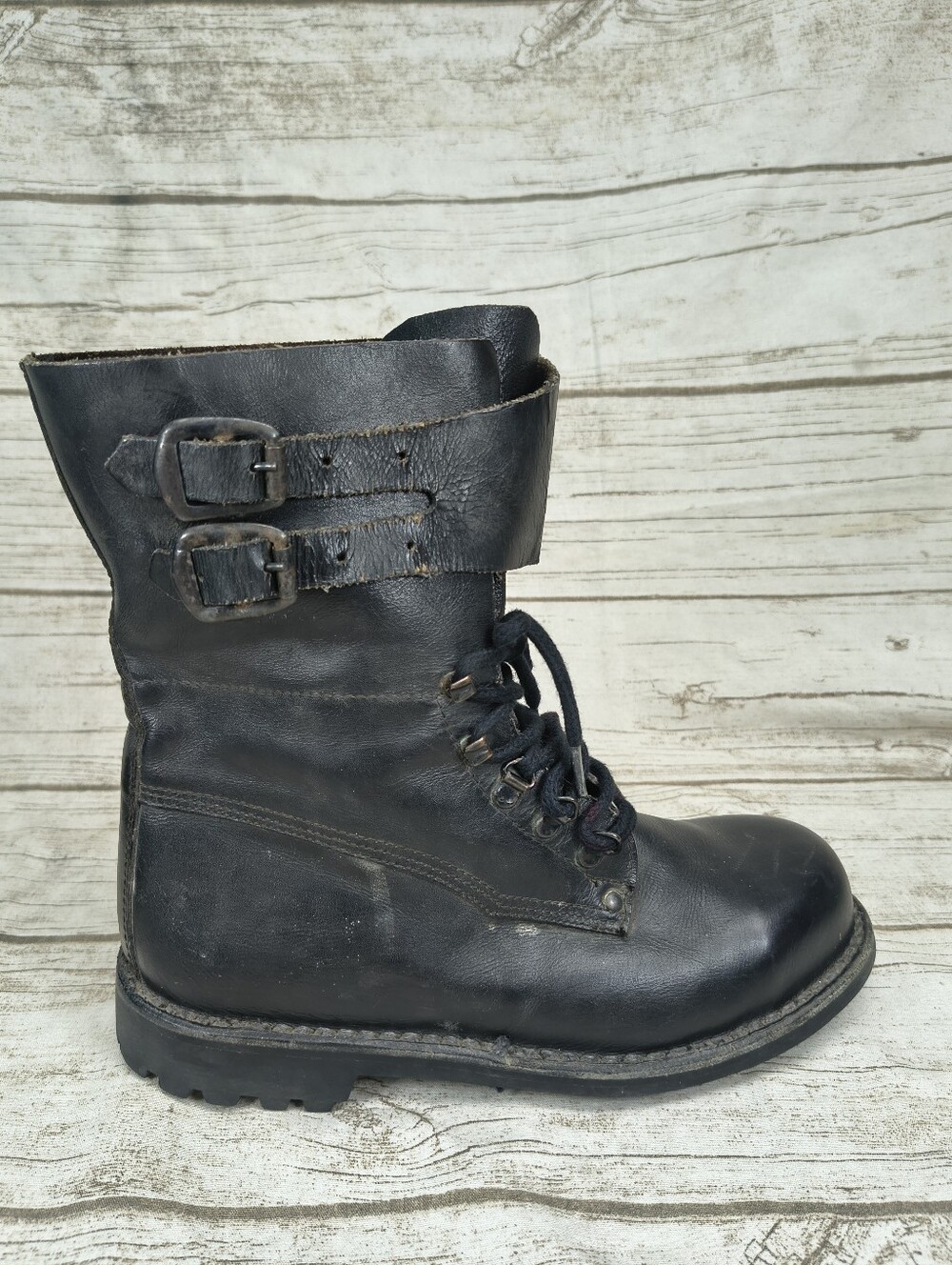 VTG Black Leather Double Strap Polish Or Czech Military Jump Boots Size 40